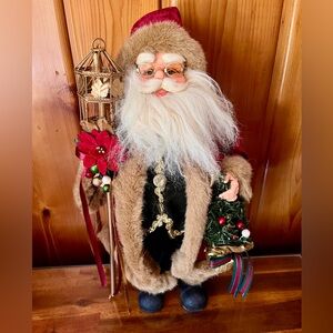 Santa Clause Figure 16” Tall with Bird Cage & Christmas Tree. Velvet & Fur